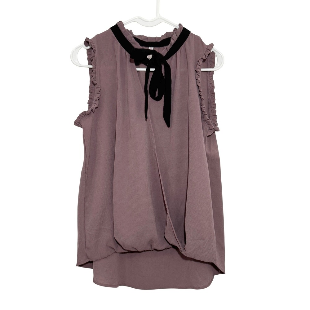 Xhilaration Womens Mauve Sleeveless Ruffle Blouse Mock Neck Tie Front Top L